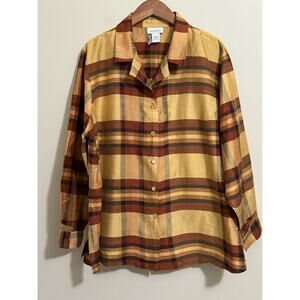 Avenue Silk Shirt Women's Size 22/24 Plaid Long Sleeve Side Slits Plus Blouse